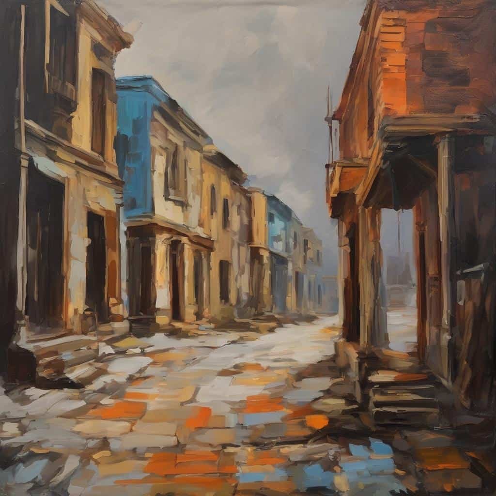 Λείες παλιές πόλεις, αποσπασματικές και ξεθωριασμένες, σε παστέλ αποχρώσεις, εικόνα σε ιμπρεσιονιστικό στυλ που αποπνέει μια αίσθηση νοσταλγίας και μοναξιάς.