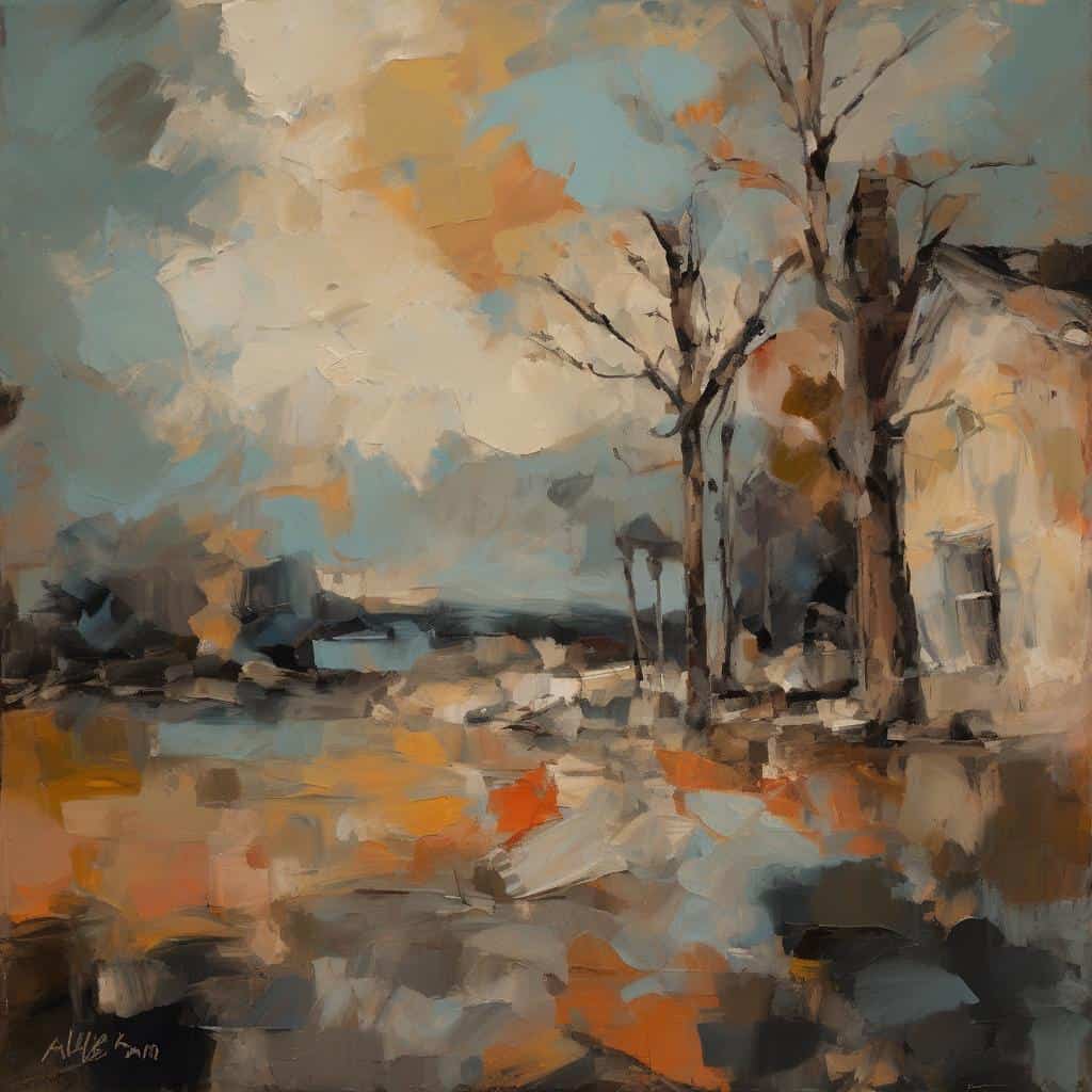 Δασώδης τοπίο με γυμνά δέντρα σε ζωγραφική στυλ, θερμές αποχρώσεις και καμβά στη φυσική ατμόσφαιρα, αναδεικνύοντας την ανθρώπινη παρουσία χωρίς πρόσωπο.