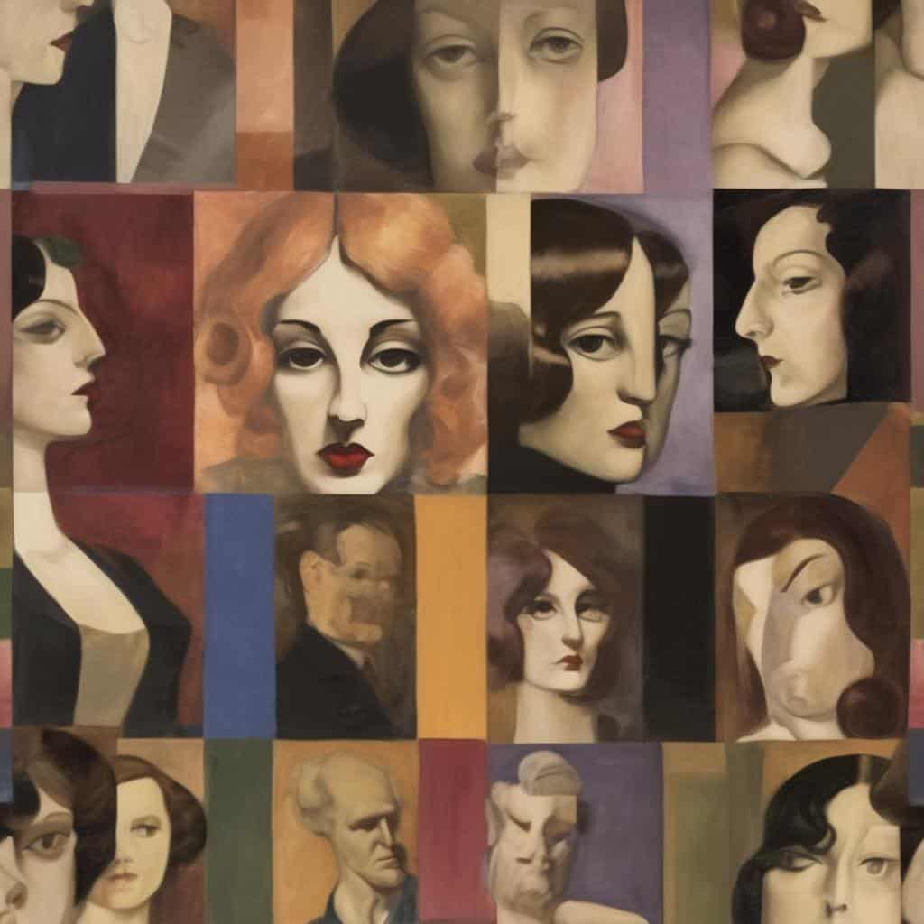 Λεπτομέρειες ανθρώπινων πορτραίτων σε αφηρημένη τέχνη, χωρίς πρόσωπα, με έμφαση στη ψυχολογία και την έκφραση.