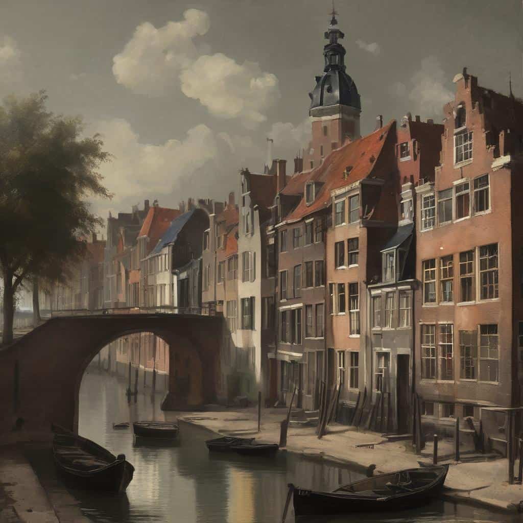 Παράξενο ζωντανό τοπίο με απομονωμένα σπίτια δίπλα σε κανάλι, χωρίς ανθρώπους, δημιουργώντας μια ατμόσφαιρα μυστηρίου και μοναξιάς, που αναδεικνύει την ανθρώπινη παρουσία χωρίς πρόσωπο σε αστικό περιβάλλον.