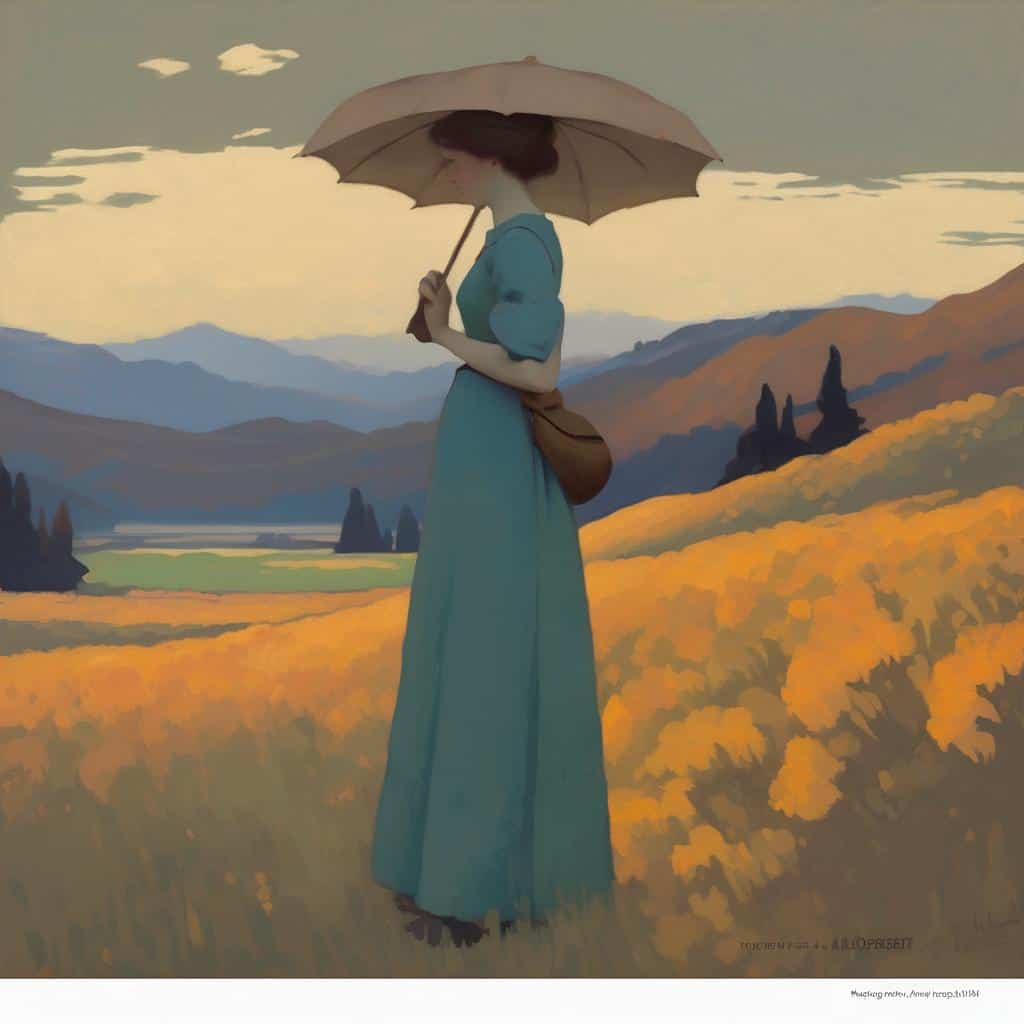 Ανθρώπινη παρουσία χωρίς πρόσωπο με ομπρέλα σε τοπίο με λόφους και λουλούδια, έμφαση στην ανωνυμία και την αρμονία με τη φύση.